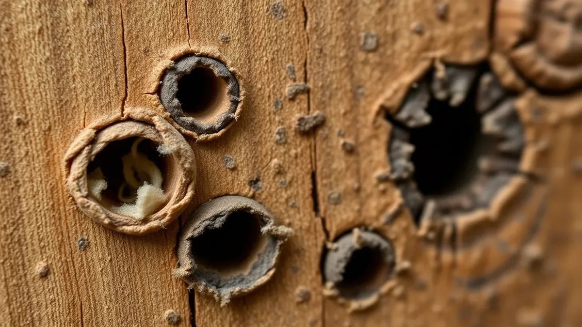 Close-up of woodworm exit holes in timber comparing fresh pale active holes with old grey dormant ones