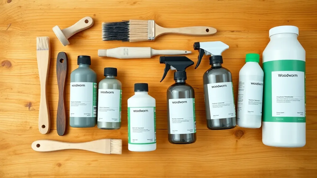 DIY woodworm treatment products and a water-based permethrin spray bottle on a workbench beside affected timber