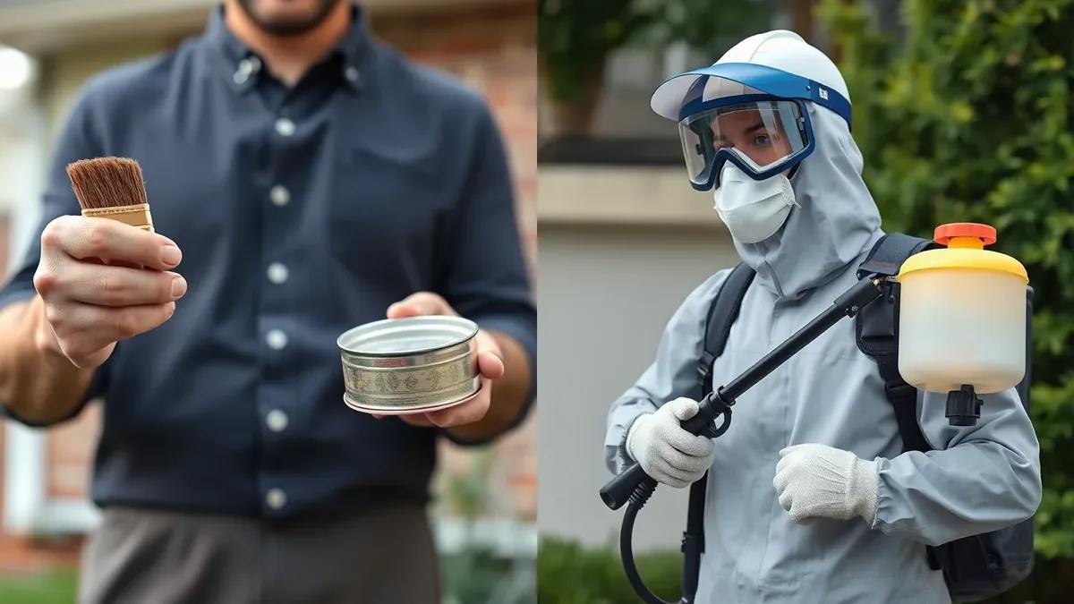Tin of DIY woodworm killer and brush beside a professional sprayer on exposed timber joists