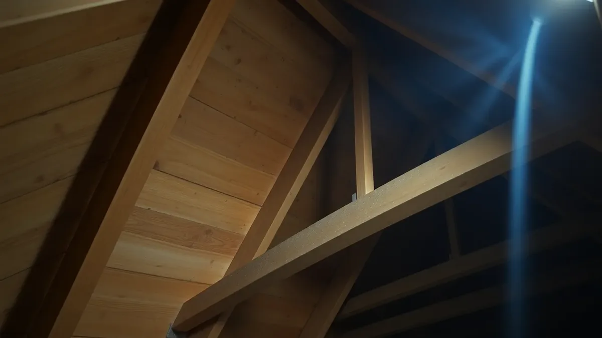 Wide shot of an attic space with exposed roof timbers showing scattered woodworm exit holes across multiple rafters, illustrating how an infestation can spread through roof timber