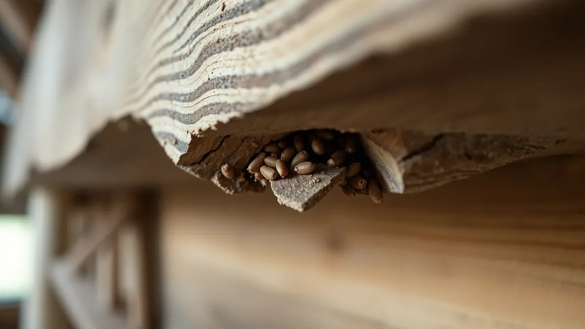 Floor joist weakened by woodworm damage exposed beneath floorboards in a UK home