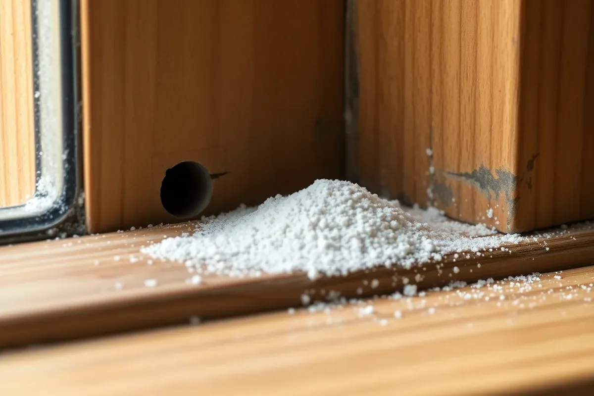 A small heap of fresh pale frass dust beneath woodworm exit holes on the underside of a wooden joist, indicating an active infestation