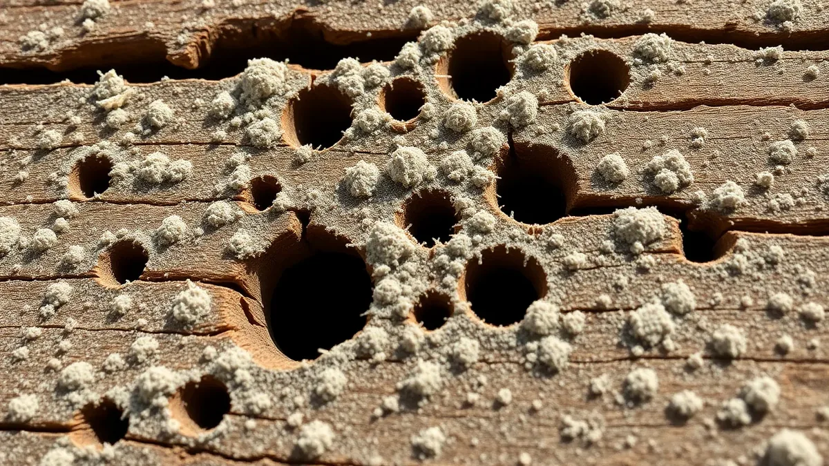 Close-up of woodworm exit holes in pine floorboard — 1–2mm circular holes with pale rim and fine frass