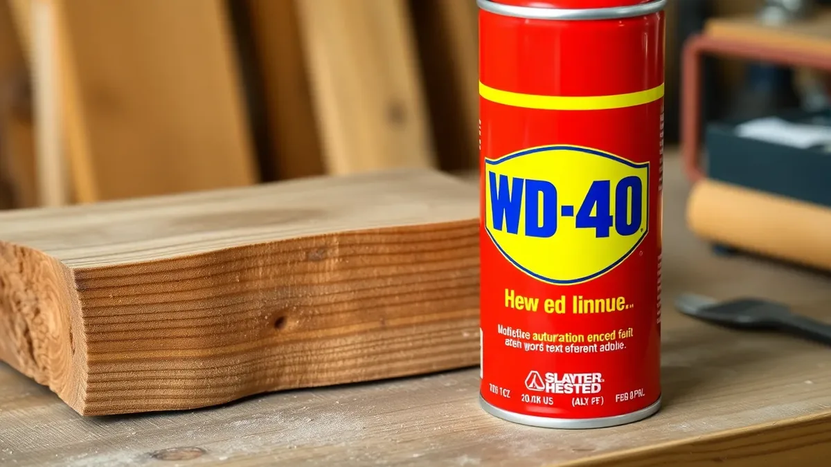 A can of WD-40 next to a piece of old pine timber showing round woodworm exit holes — illustrating the common but ineffective DIY remedy