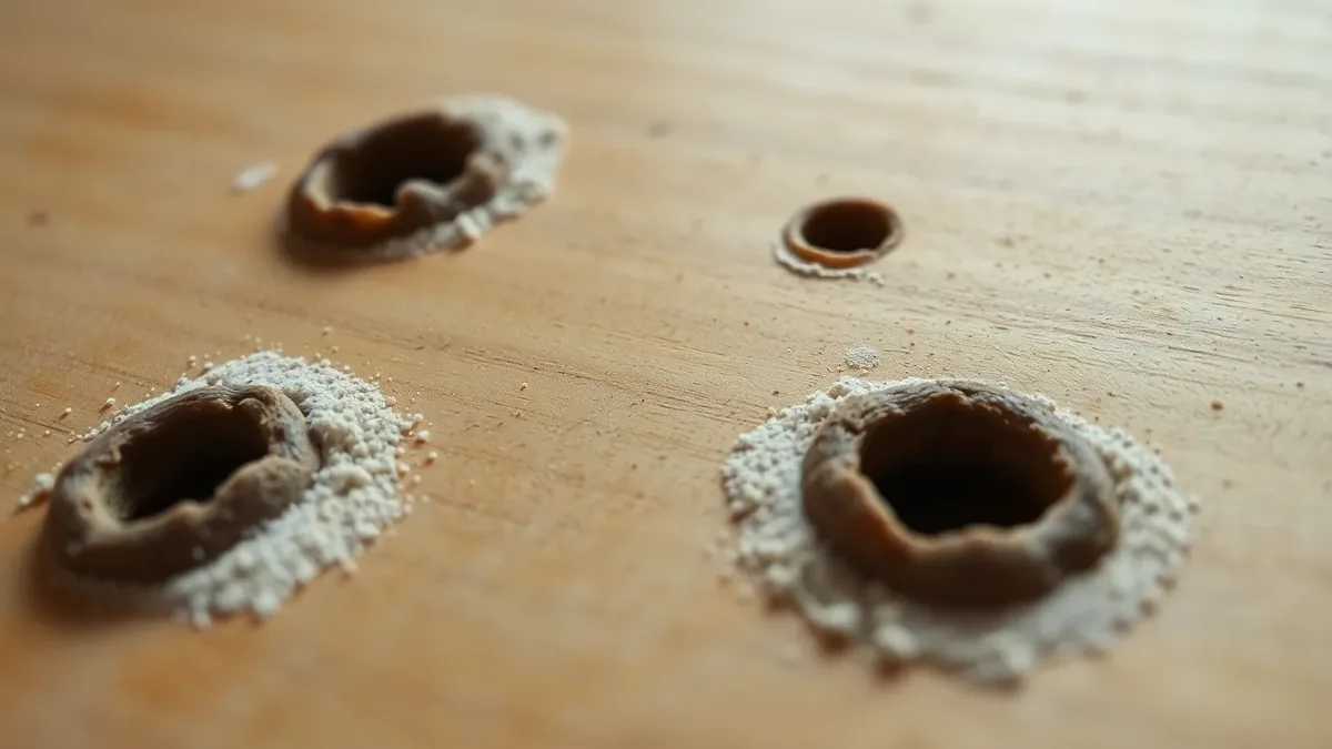 Close-up of small round woodworm exit holes drilled into the surface of an old pine floorboard, surrounded by pale bore dust