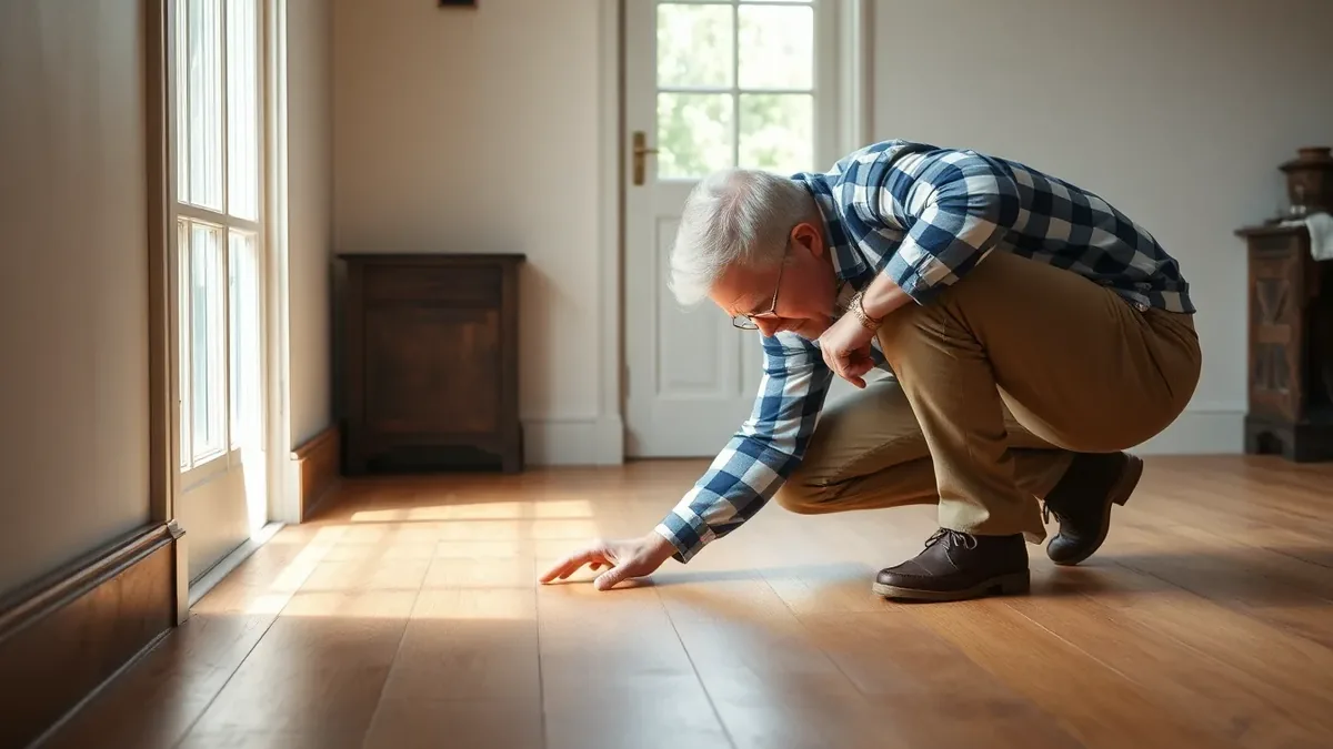Homeowner inspecting wooden floorboard with small round woodworm exit holes visible in daylight