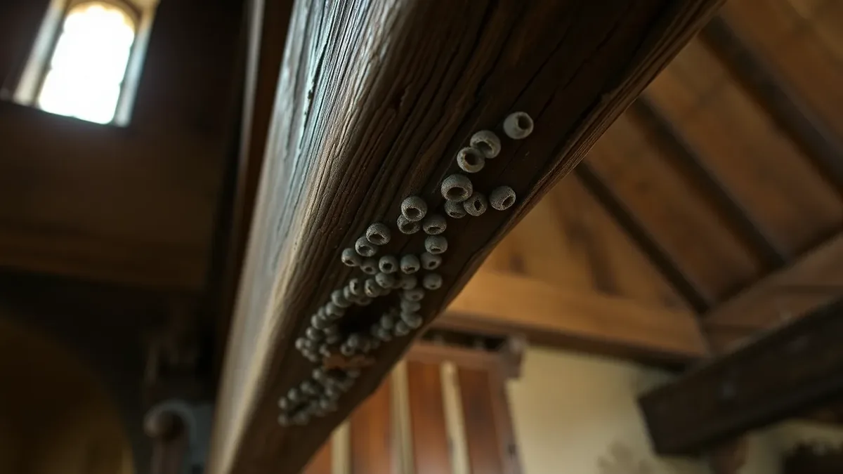 An old oak structural beam in a historic building showing clusters of deathwatch beetle exit holes and surrounding surface damage