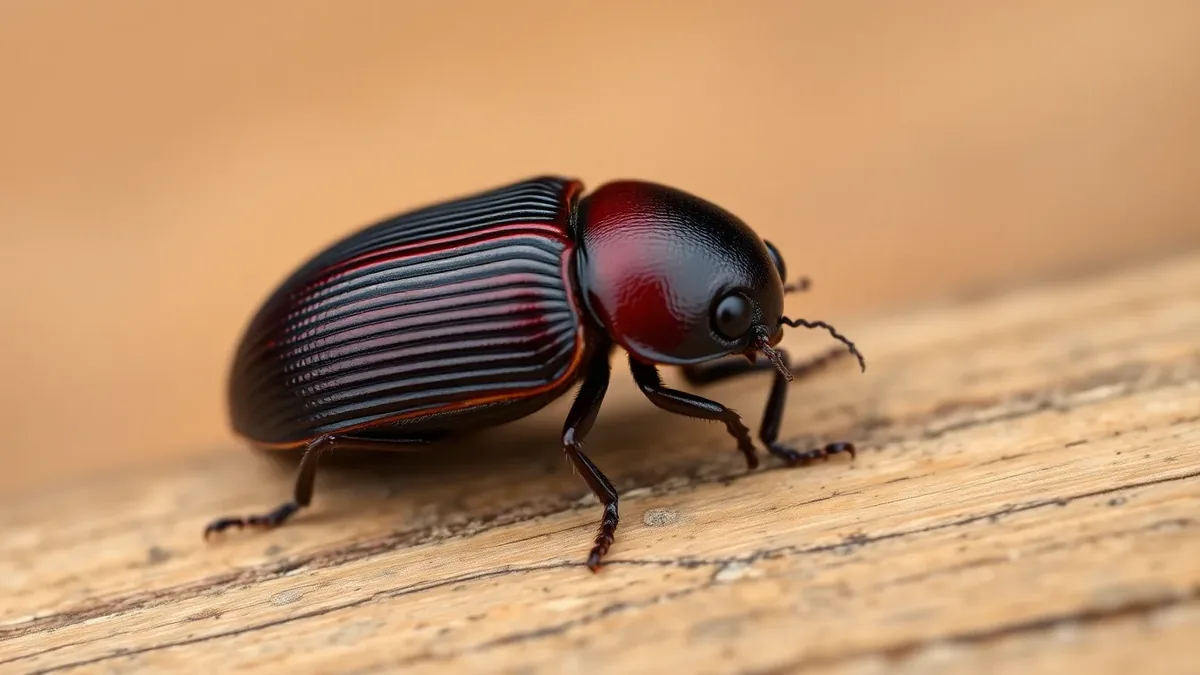 Close-up macro photograph of an adult common furniture beetle on a rough pine surface, showing its brown oval body and ribbed wing cases