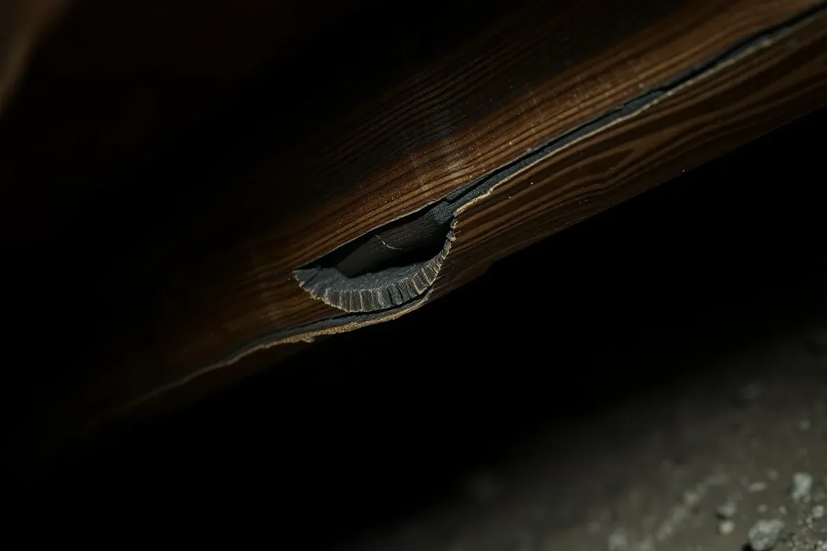 A surveyor using a torch and screwdriver to inspect floor joists in a sub-floor void for woodworm damage and frass