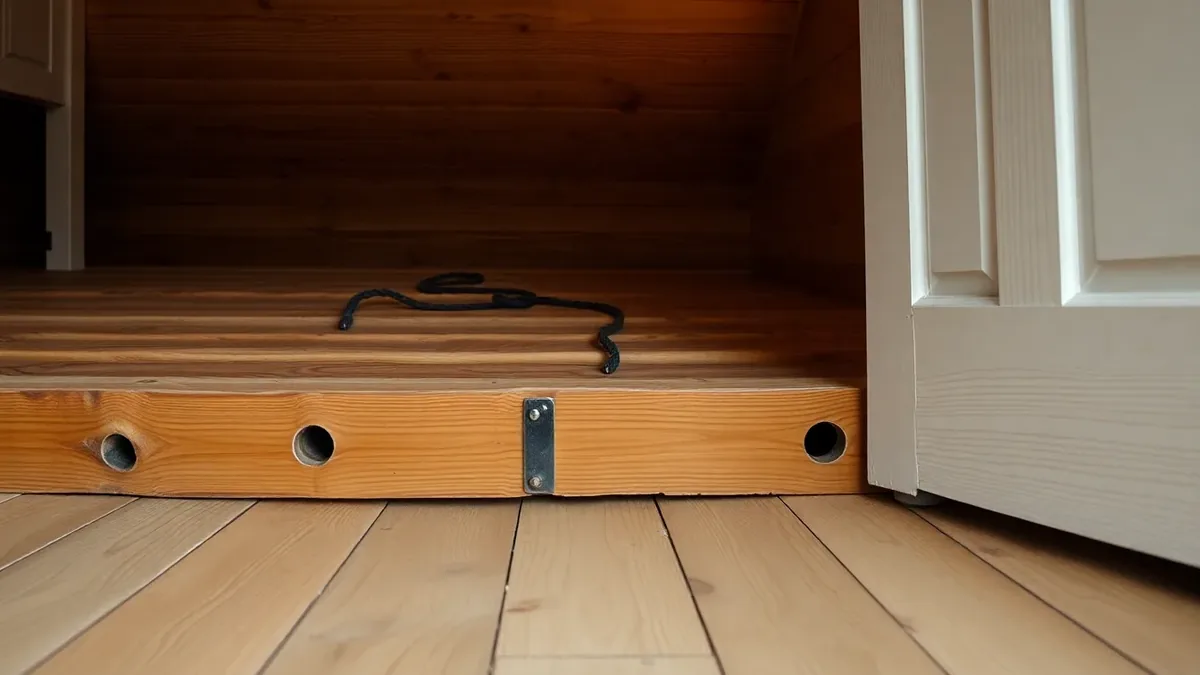 Suspended timber floorboards lifted to reveal joists below, with small woodworm exit holes visible in the floor timber
