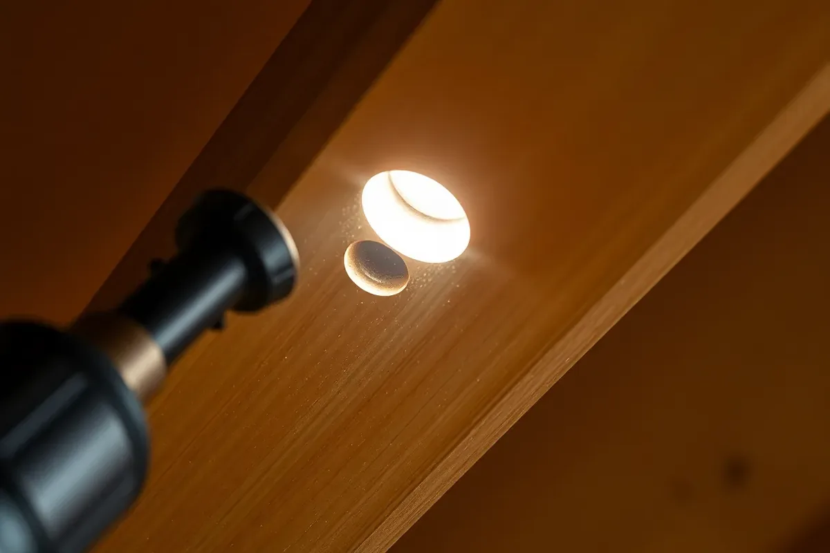 A homeowner using a torch to inspect a loft rafter and wall plate for woodworm holes and bore dust