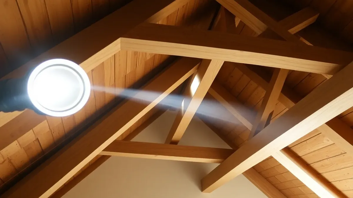 Loft interior showing softwood roof rafters and ceiling joists, the high-risk timber where woodworm is often found