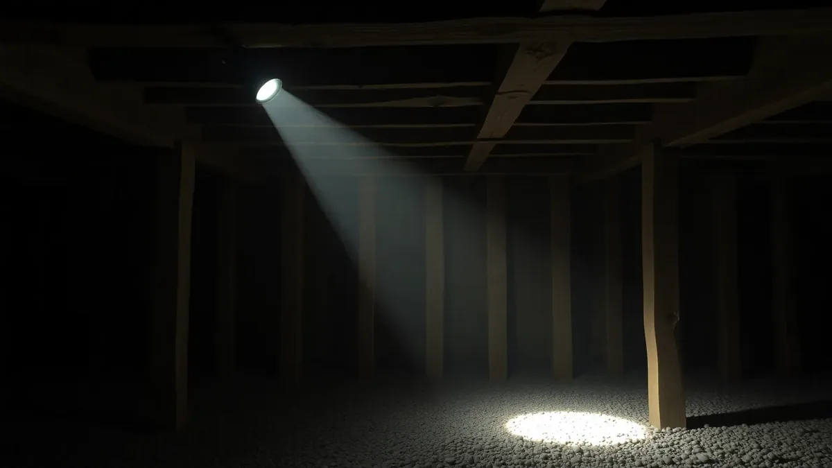 Torch beam illuminating a sub-floor void showing floor joists with woodworm exit holes matching an infestation visible in the skirting boards above