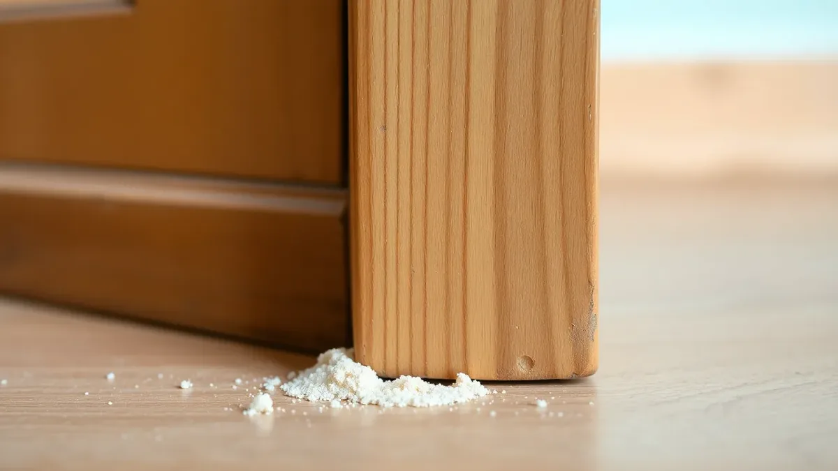 Close-up of original Victorian pine skirting board at floor level showing round woodworm exit holes and pale bore dust on the surface