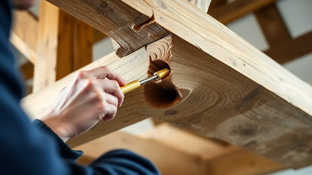 Surveyor probing an oak structural beam with a bradawl to assess the depth and extent of internal woodworm galleries, with a moisture meter reading visible