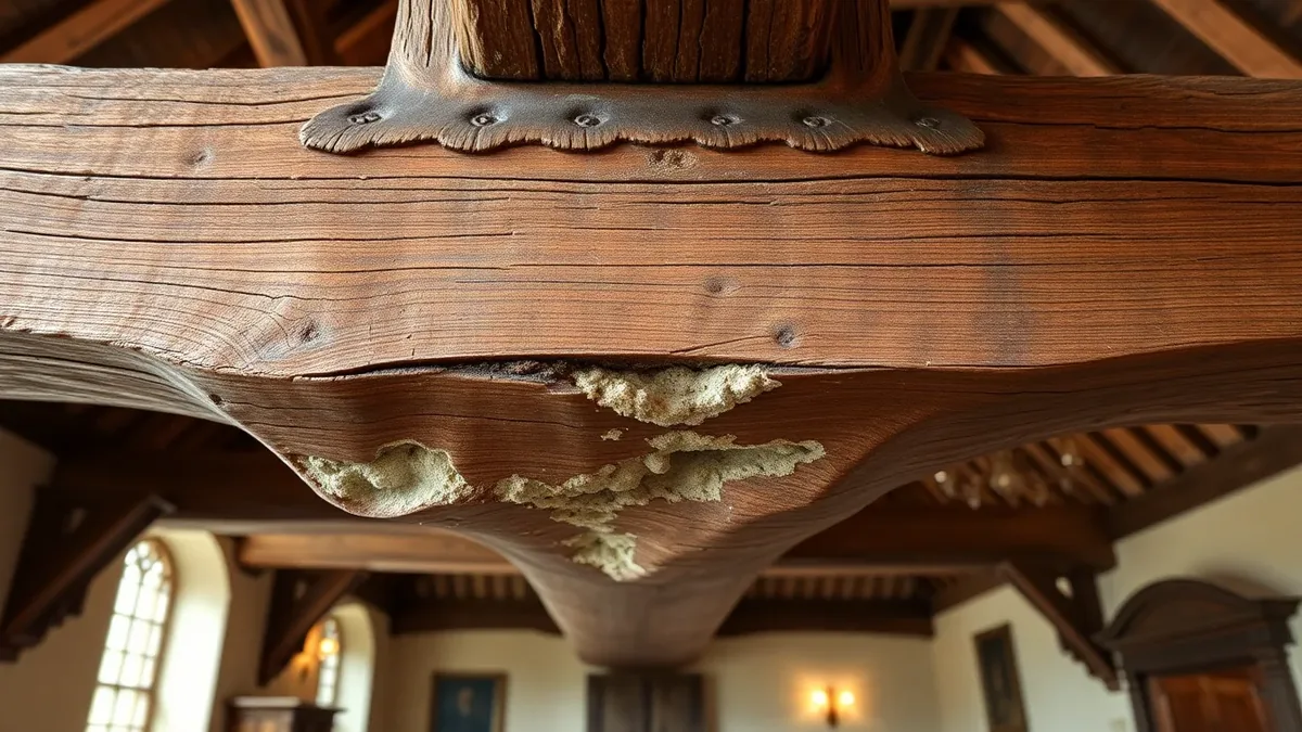 A large old oak structural beam in a period property showing clusters of woodworm exit holes and surface deterioration on the lower face