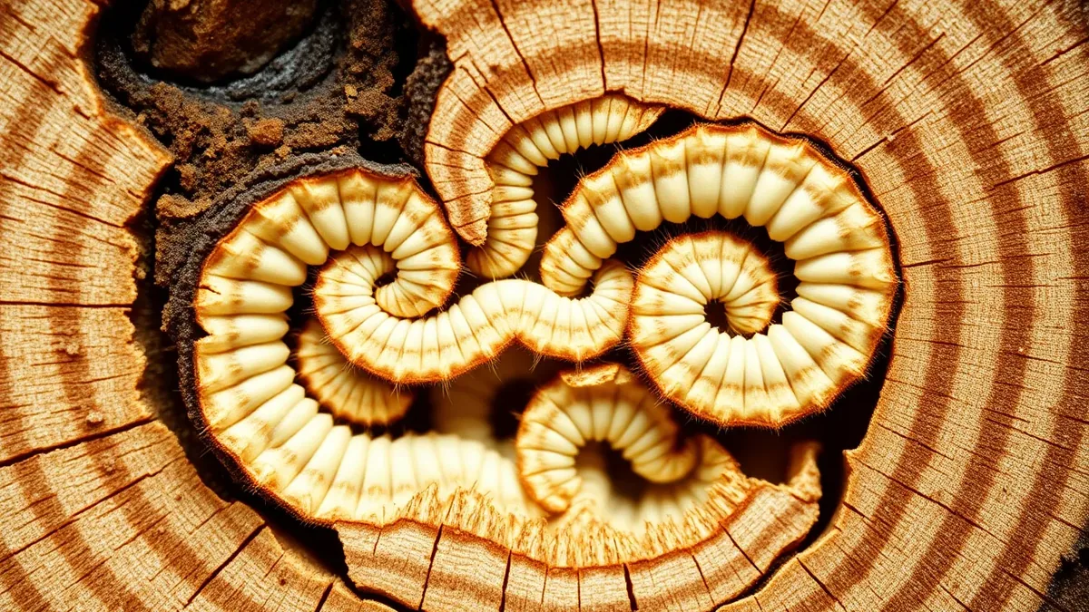 Close-up of a cross-section through infested pine showing the winding larval tunnels filled with pale frass, cutting across the grain