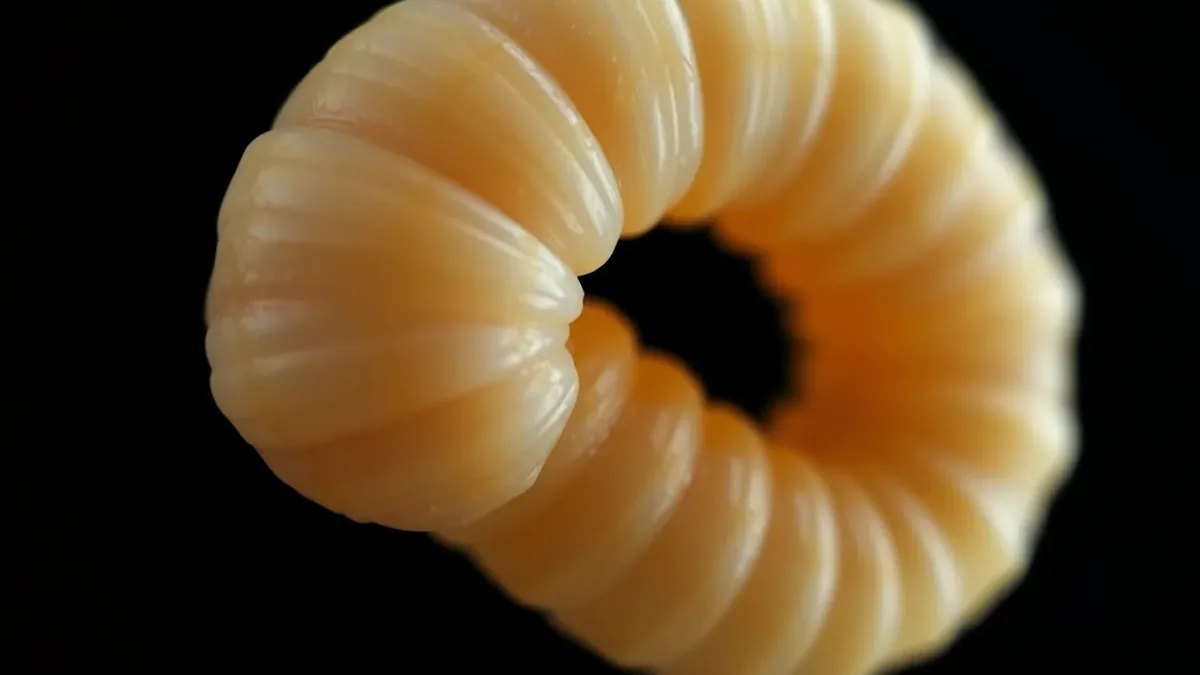 Macro close-up of a cream-white C-shaped woodworm larva extracted from a pine floorboard, shown against a dark background