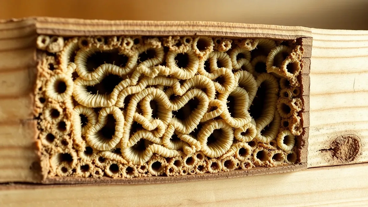 Cross-section of a heavily infested pine floor joist showing a network of woodworm larval tunnels packed with pale frass