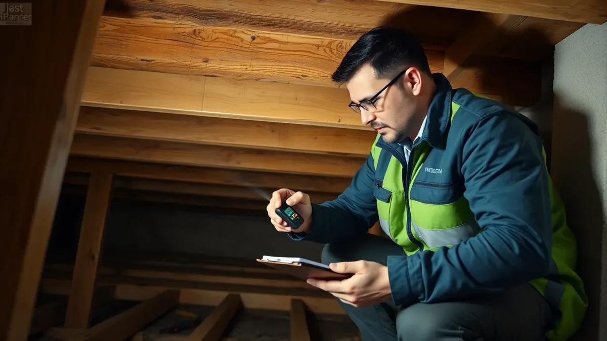 A specialist timber surveyor in a sub-floor void inspecting joists beneath a period property, with a torch and moisture meter, producing a written inspection report
