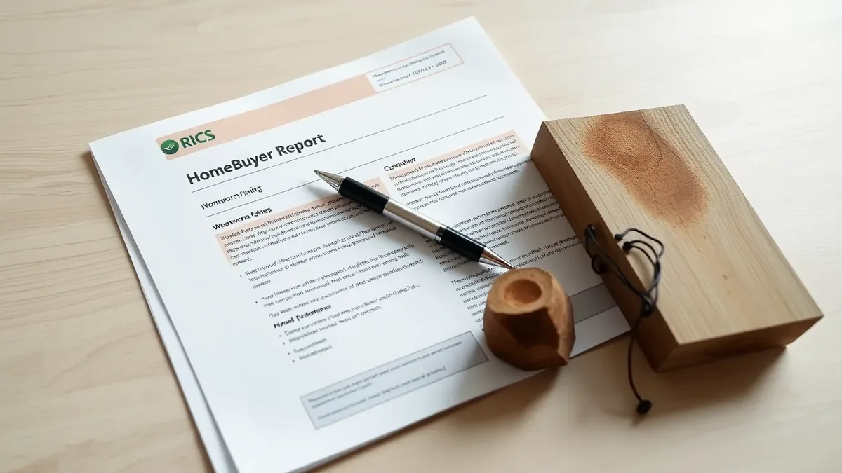 Property survey report with a pen resting on a page that highlights a woodworm finding, alongside a timber sample showing exit holes