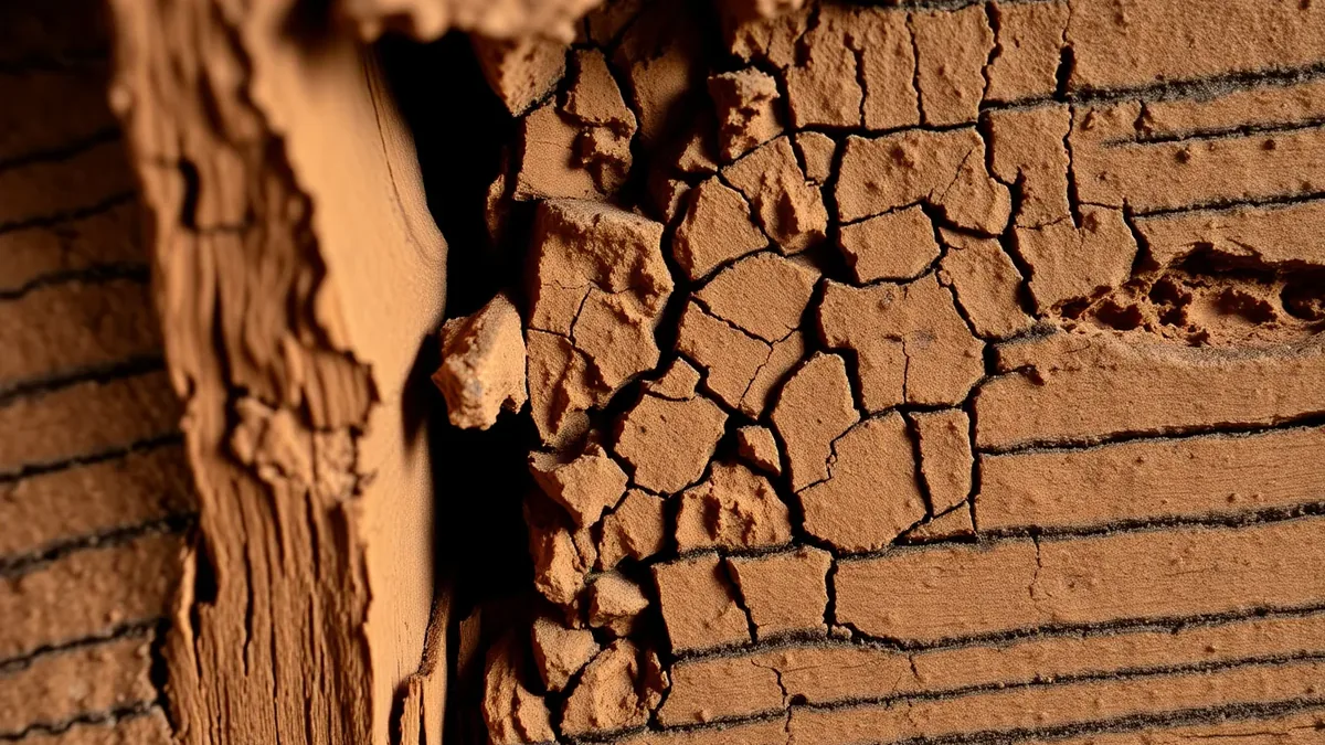 Close-up of dry rot cuboidal cracking on a floor joist showing the distinctive brick-like crack pattern and orange-brown colouration of advanced Serpula lacrymans