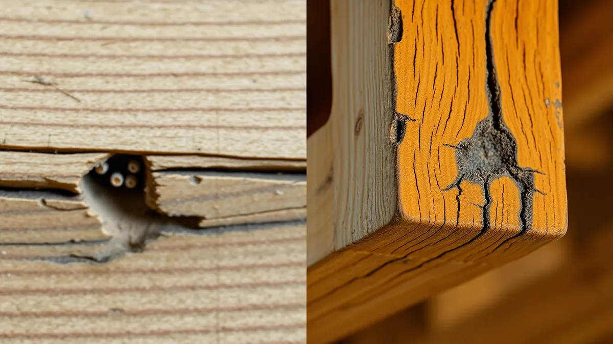 Side-by-side comparison showing woodworm exit holes in pine on the left and dry rot cuboidal cracking and fungal fruiting body on the right