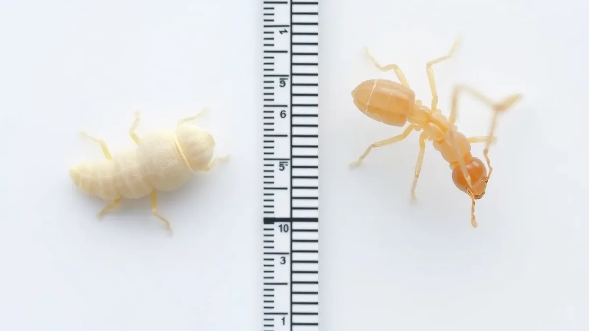 Side-by-side illustration showing a woodworm larva and a termite worker, highlighting the dramatic size difference and different body structures