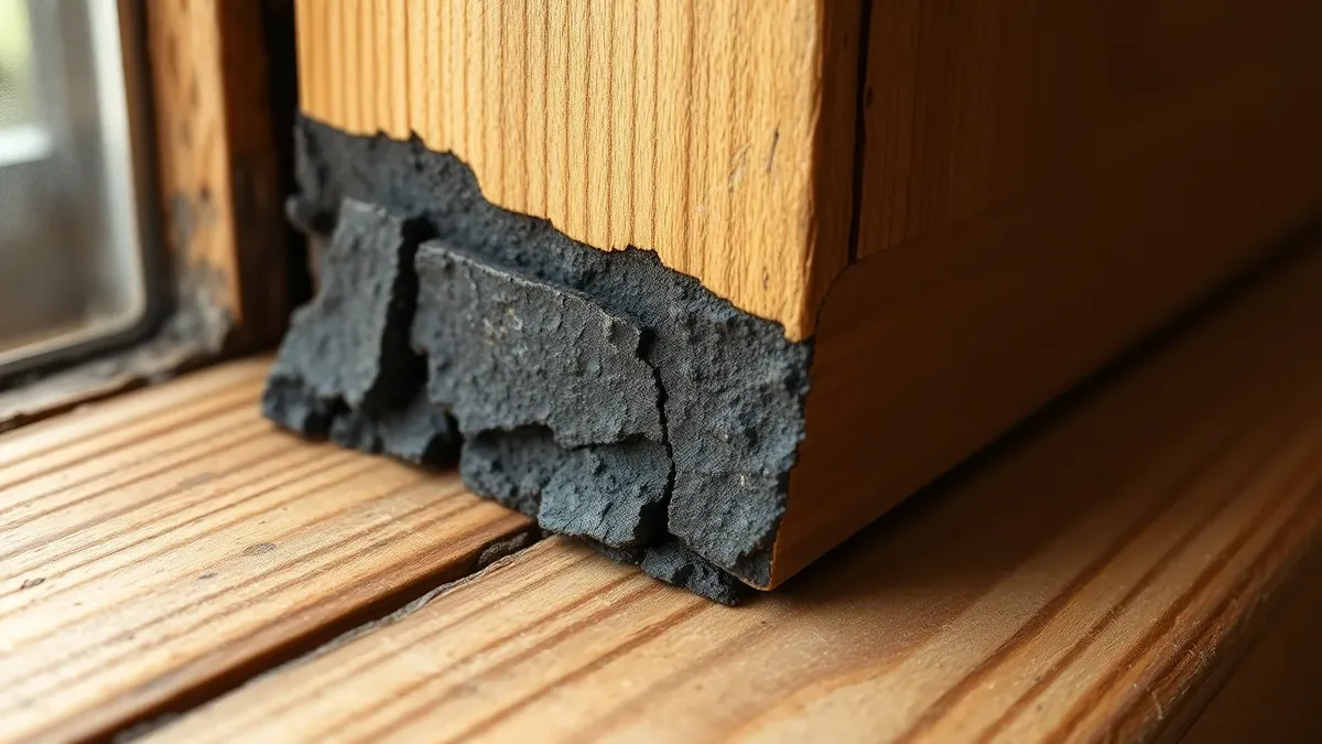 A window sill showing classic wet rot with dark softening and longitudinal cracking at the base, alongside a sound timber area with woodworm exit holes for comparison
