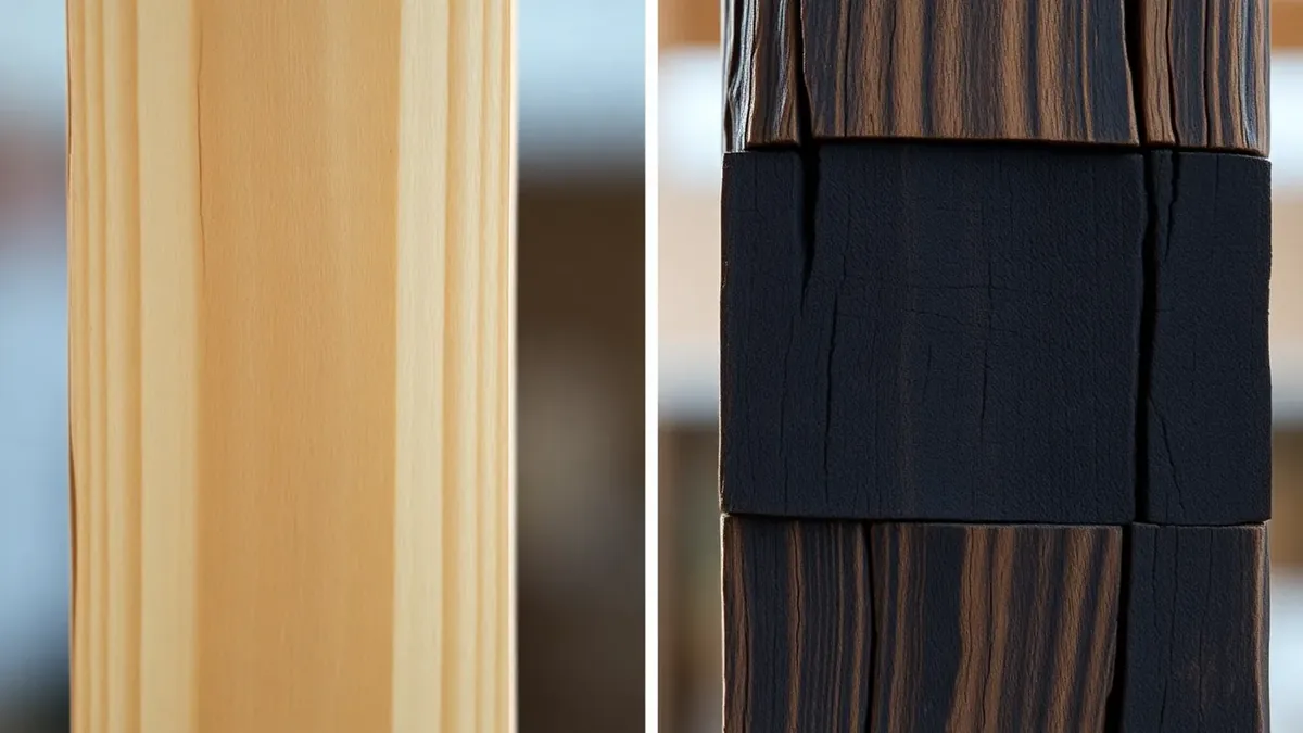 Split-view showing a timber with woodworm exit holes and bore dust on one side, and a darkened wet-rotted joist end with longitudinal cracking on the other