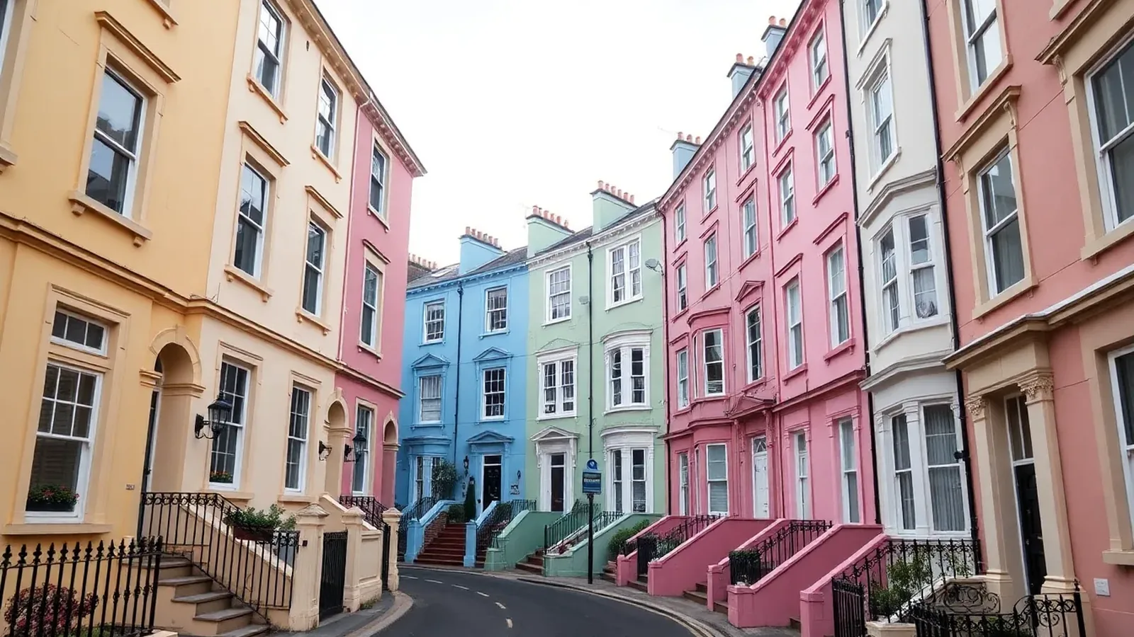 Bristol pastel-coloured Georgian and Victorian terraced houses on a hillside with original timber floors