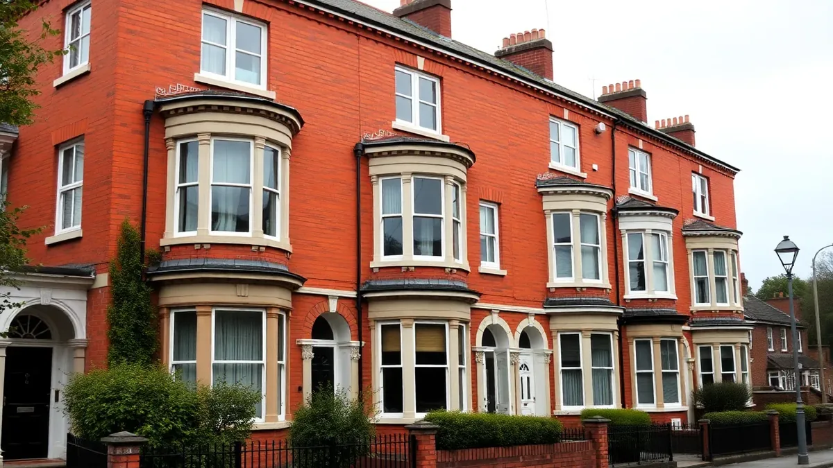 Cardiff Edwardian bay-fronted terraced houses in Pontcanna showing original timber sash windows and red-brick facades