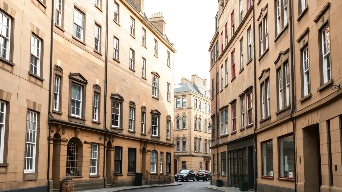 Edinburgh Georgian New Town street with period stone townhouses showing original sash windows and stone facades containing decades-old timber structures