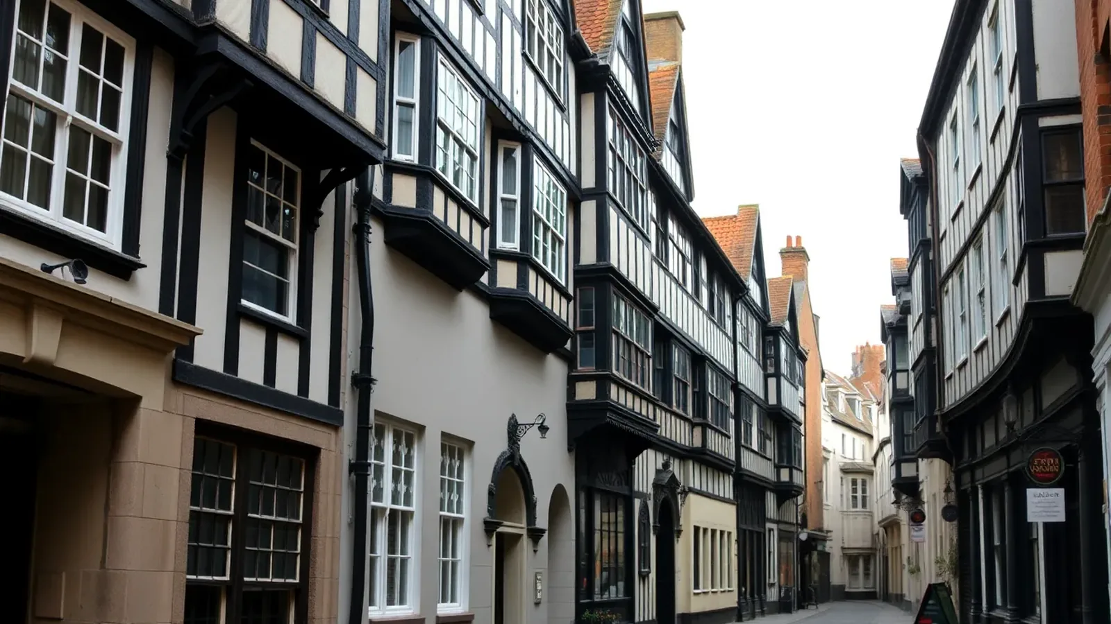 Historic Exeter cathedral quarter with timber-framed and oak-rich period buildings