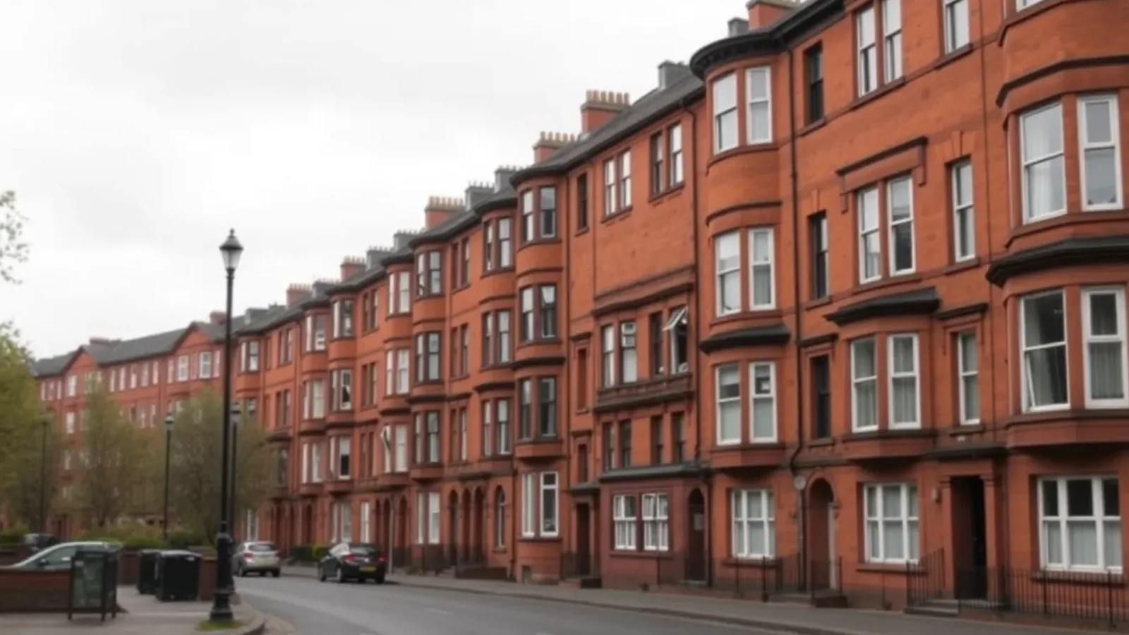 Glasgow red sandstone tenement terrace with bay windows and original structural timber floors