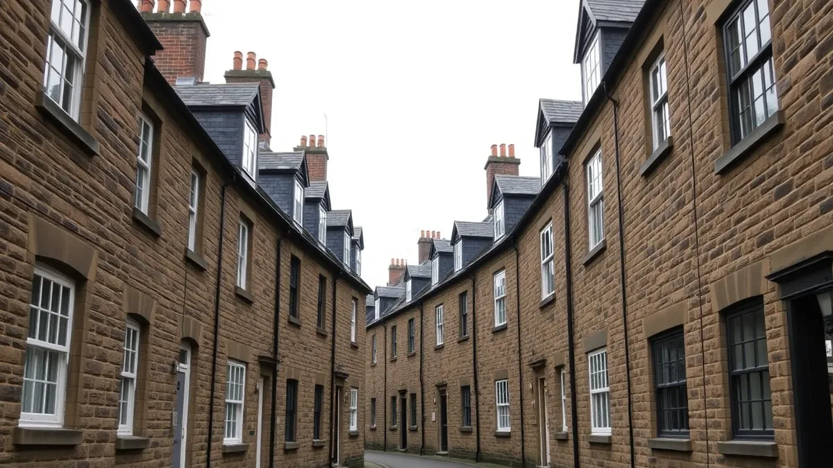 Row of stone-built back-to-back Victorian terraced houses in Leeds with original slate roofs and timber sash windows