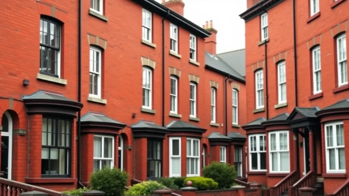 Row of red-brick Victorian terraced houses in a Manchester inner suburb with original timber sash windows and softwood roof timbers