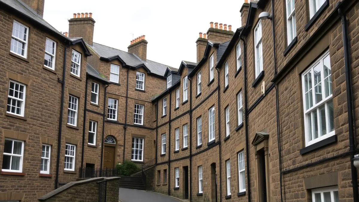 Sheffield hillside Victorian terraces with stone-built houses and original roof timbers visible against a South Yorkshire skyline