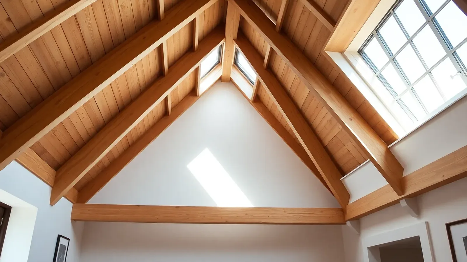 Bright British loft conversion with sound exposed timber roof rafters and beams