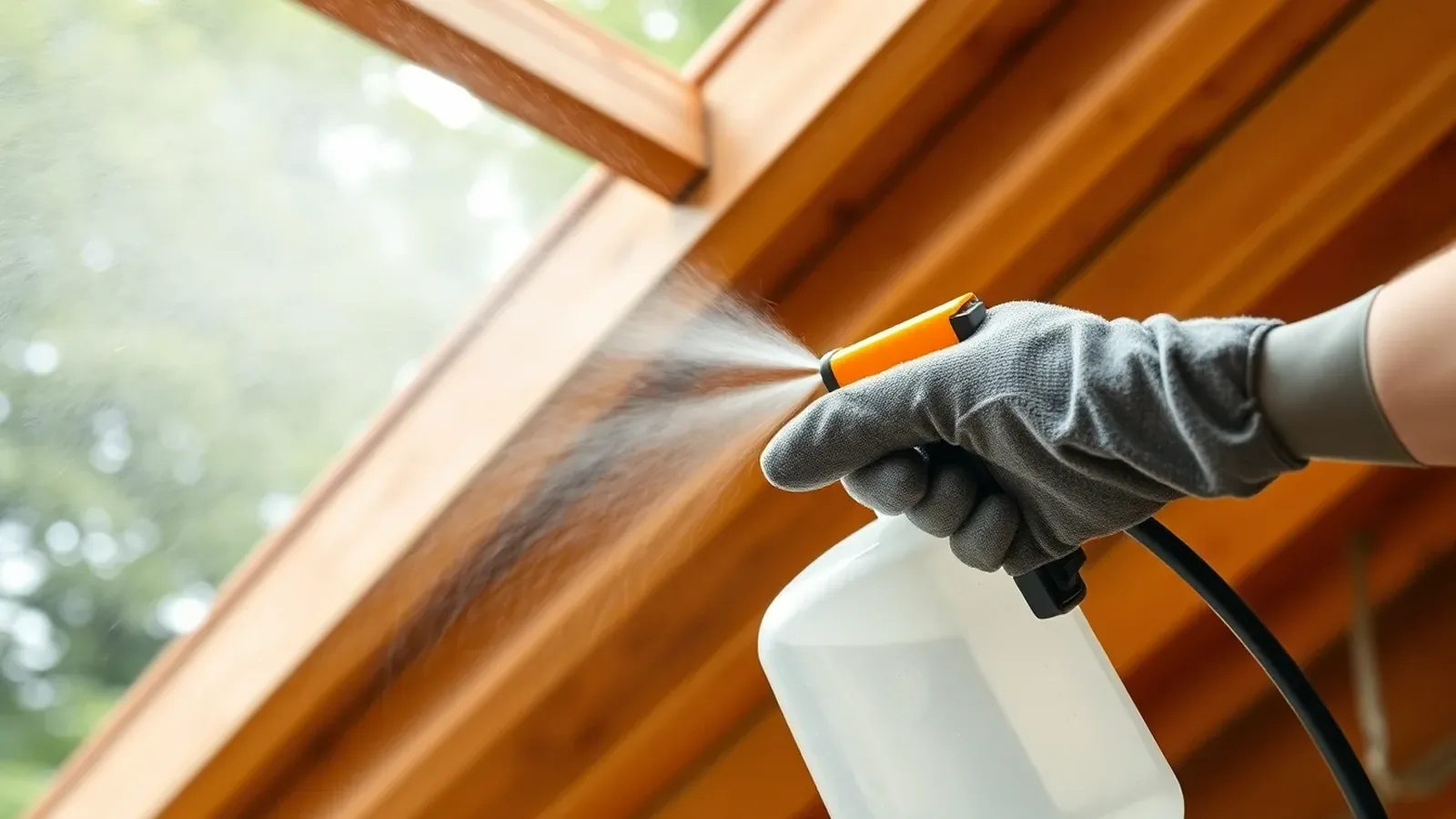 Technician applying water-based permethrin woodworm spray to exposed timber floor joists