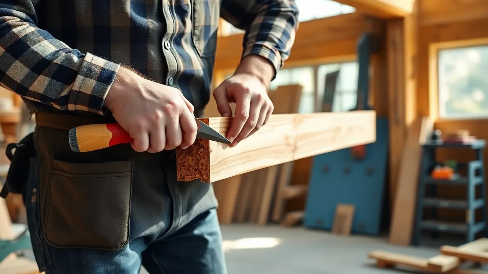 Carpenter splicing a new pre-treated joist alongside a woodworm-damaged floor timber