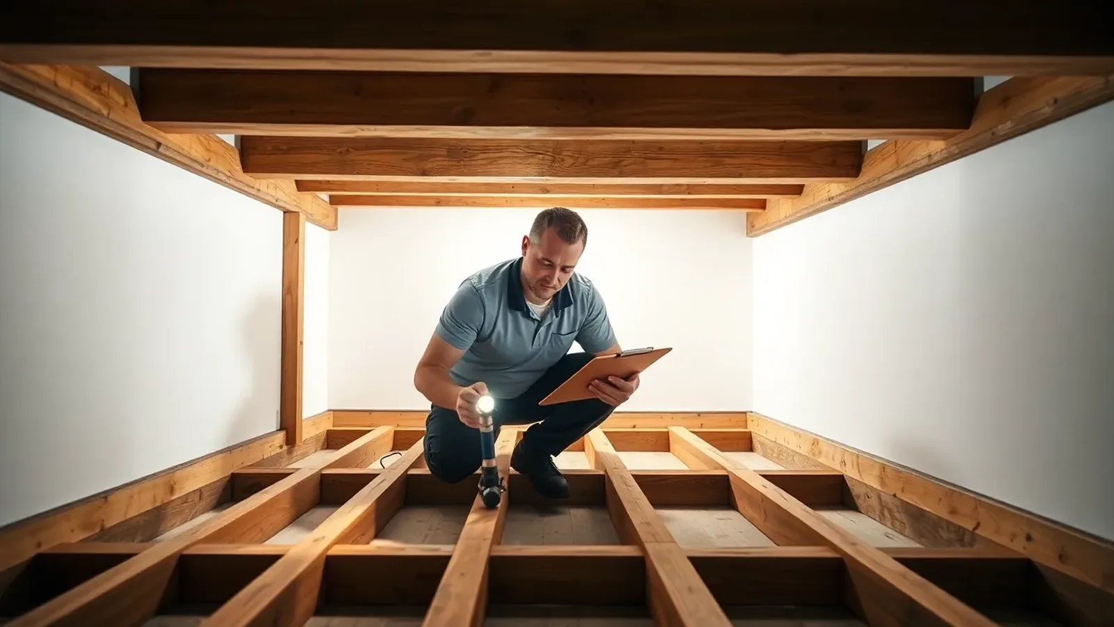 Qualified surveyor inspecting timber roof rafters in a British loft for signs of woodworm