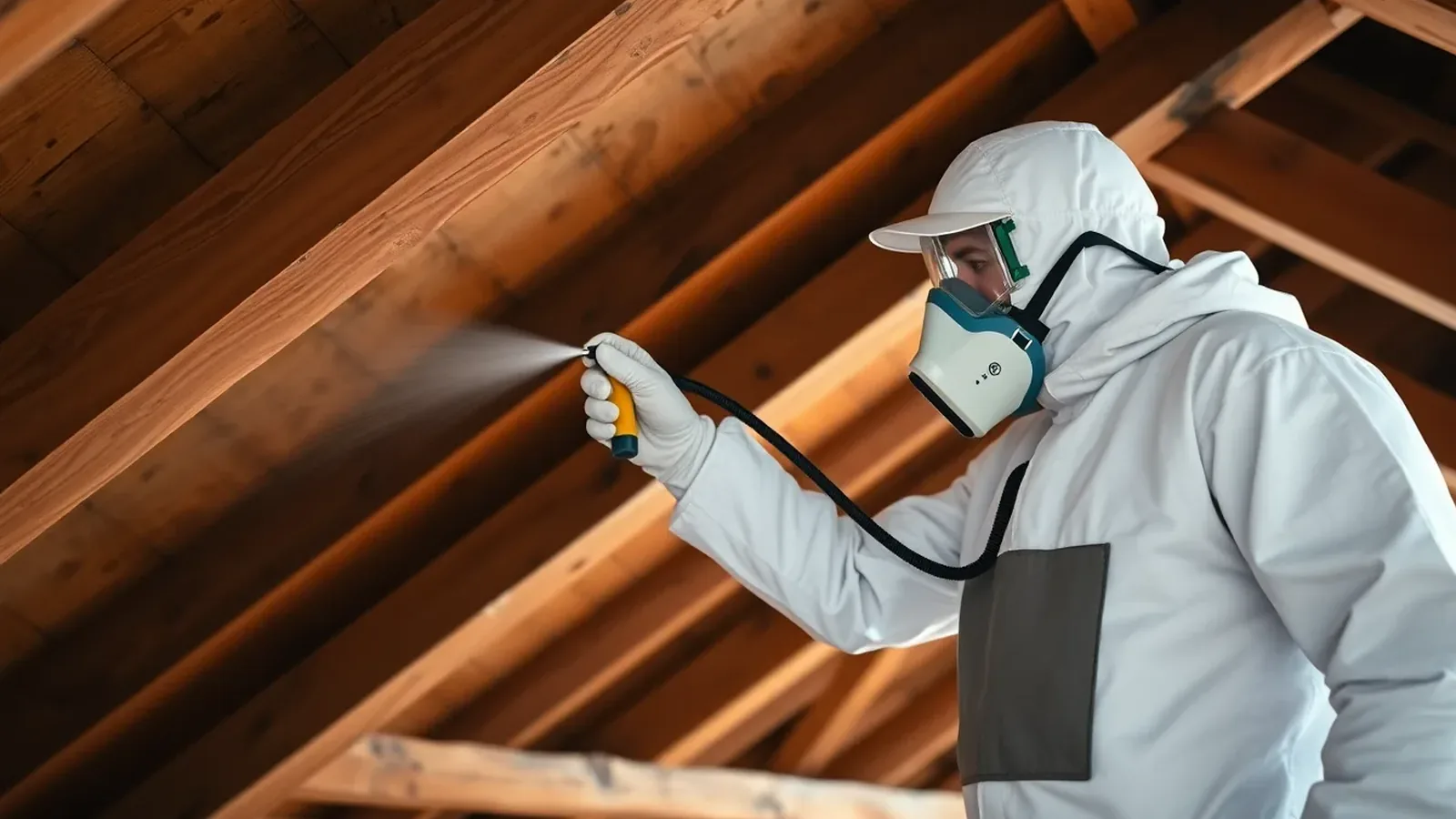 Specialist applying professional woodworm treatment to exposed timber roof rafters in a UK home