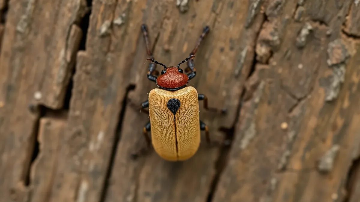 Bark borer beetle from above showing its slim cylindrical reddish-brown body on softwood bark