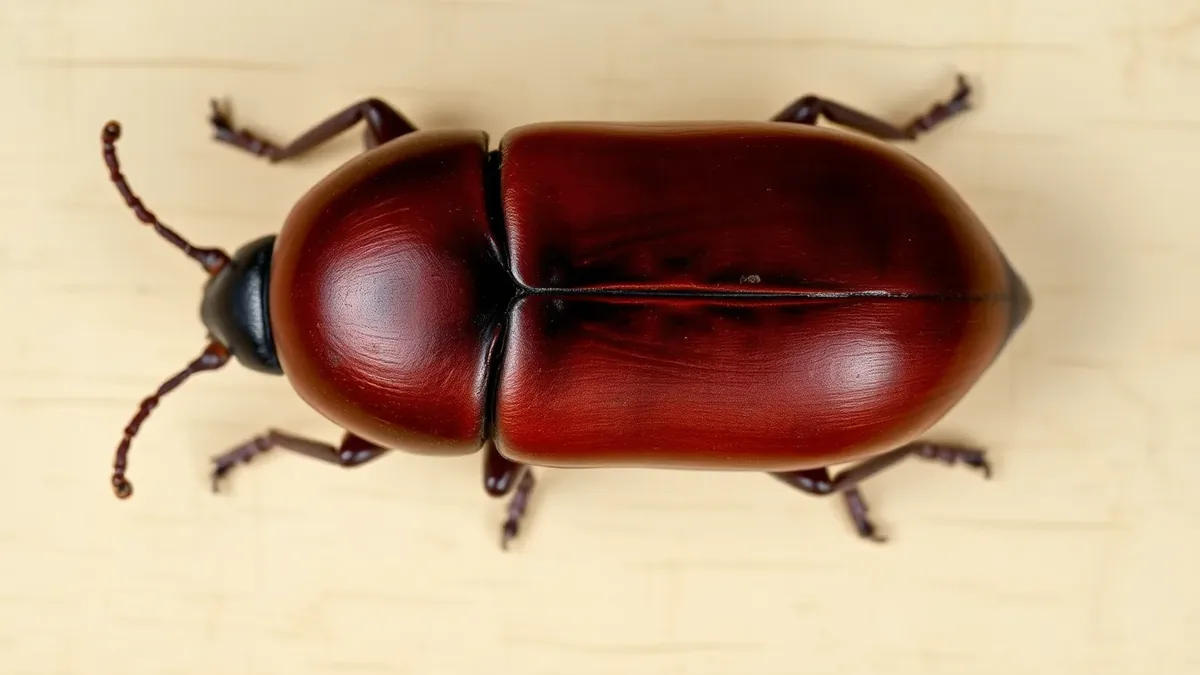 Common furniture beetle seen from above showing its domed reddish-brown wing cases