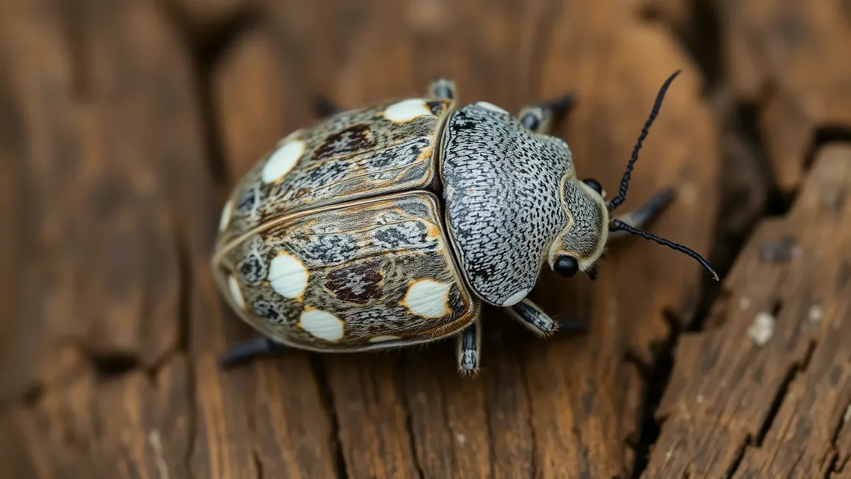 Death watch beetle from a 3/4 angle showing its mottled grey-brown body and broad flat head