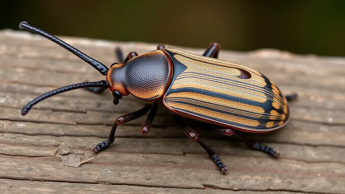 House longhorn beetle in side profile showing its long antennae and large grey-brown body