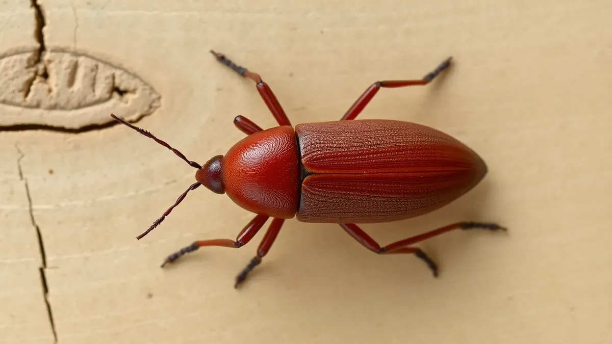 Powderpost beetle viewed from above showing its slender elongated reddish-brown body