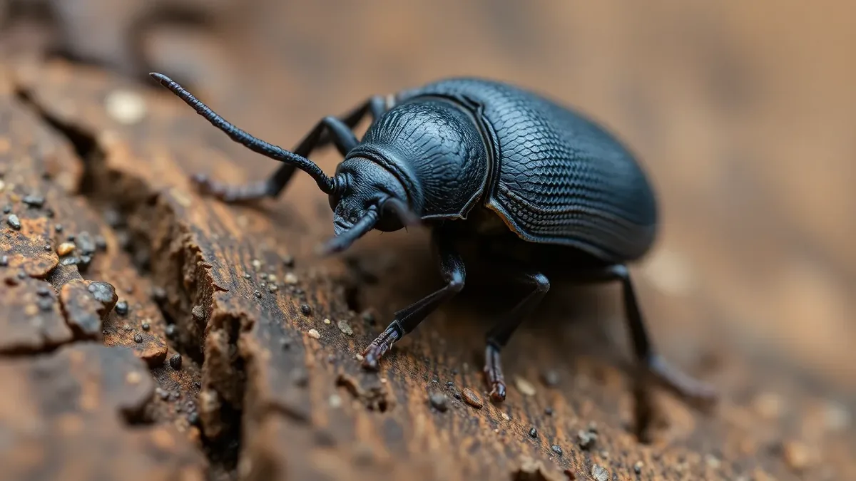 Wood-boring weevil showing its distinctive long rostrum and mottled dark body